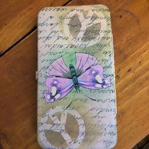 This is a wallet with butterfly and peace sign